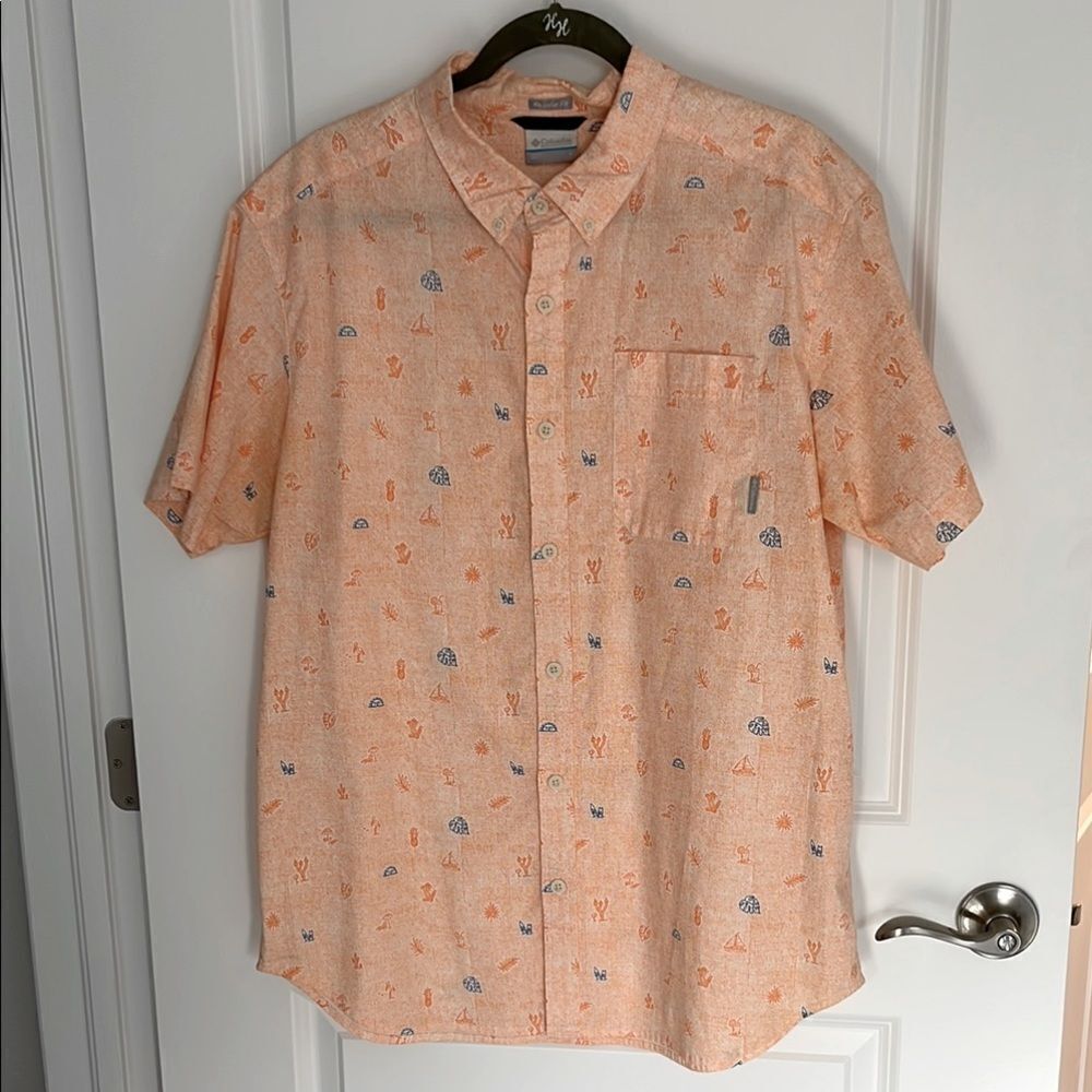 Columbia Short Sleeve Light Orange Outdoors 
 Print Button Down Shirt SZ L